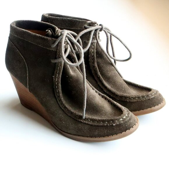 Lucky Brand Ysabel Military Green Lace-up Moc Toe Wedge Heel Ankle Boots Booties - Picture 14 of 16